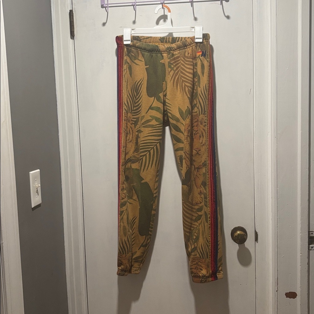 Aviator Nation Tiger Jungle Print Joggers with rainbow Side Stripes